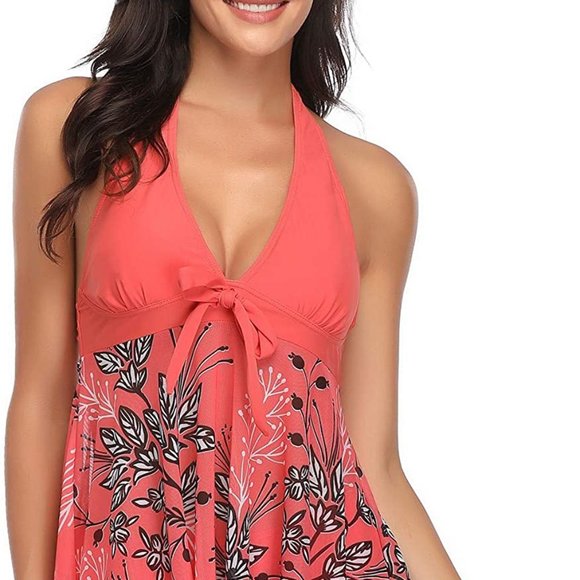 Two Piece Swim Dress Swimsuit for Women Ruched Tummy Control Tankini Set - Picture 2 of 9